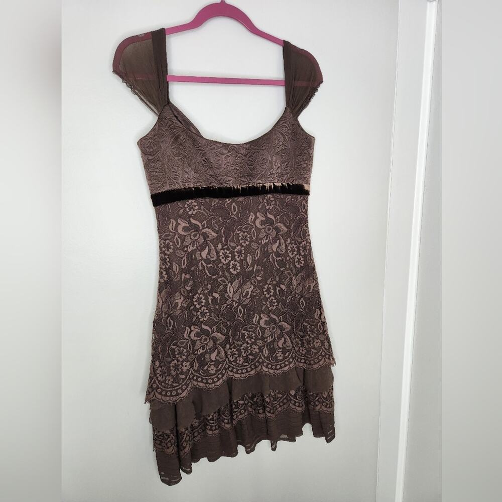 Elle Tahari Brown silk floral lace dress